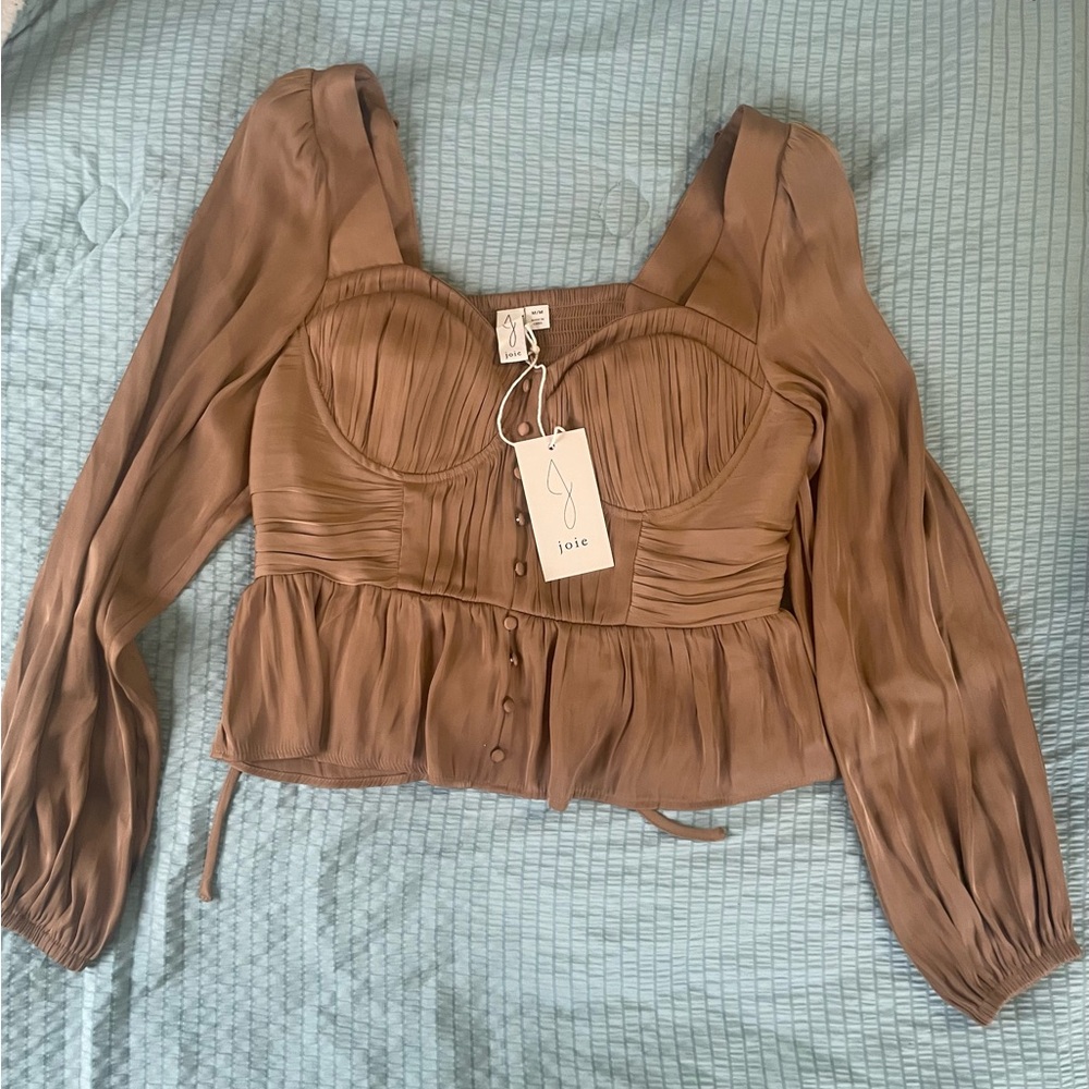 Joie Tan Pleated Blouse Size M